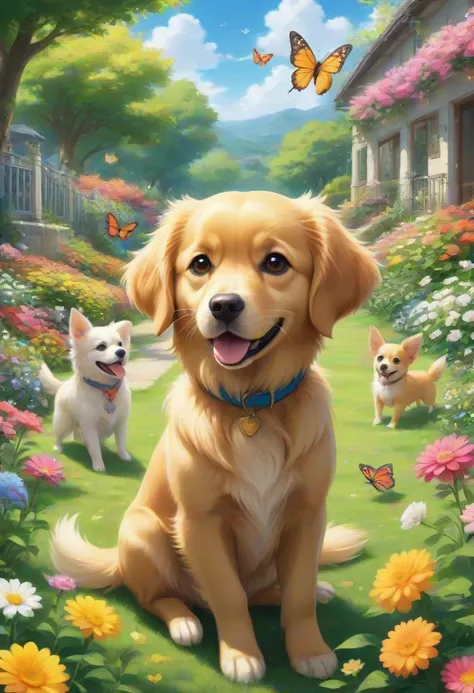 anime artwork A sunny afternoon in a serene garden filled with vibrant blooms, playful pups frolic freely, golden retrievers bound joyfully, while Chihuahuas chase butterflies, children playing in the background, . anime style, key visual, vibrant, studio ...