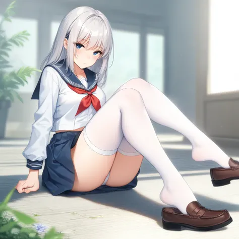 [high quality, best quality], (cinematic), 1girl, solo, sitting, serafuku, shoe dangle, white thighhighs, loafers, <lora:shoe_dangle_f:0.75>, <lora:SDXL_Lightning_8steps:1>, (bloom, hdr), (depth of field)