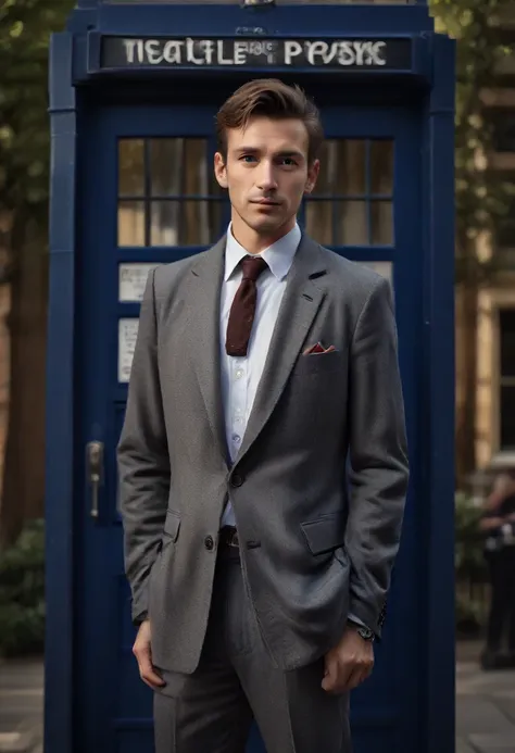 full-body shot of beautiful english man, near a TARDIS, (RAW, analog, Nikon Z 85mm, award winning photograph, ((best quality)), ((masterpiece)), ((realistic)), radiant light rays, highres, detailed facial features, high detail, sharp focus, smooth, aesthet...