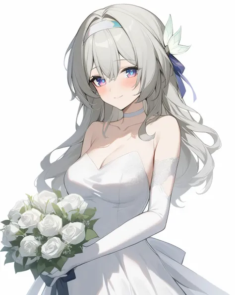 masterpiece,best quality,<lora:firefly_new:1>,firefly (honkai: star rail), 1girl, dress, solo, flower, wedding_dress, long_hair, gloves, looking_at_viewer, elbow_gloves, purple_eyes, white_dress, grey_hair, bouquet, smile, hairband, holding, bride, simple_...