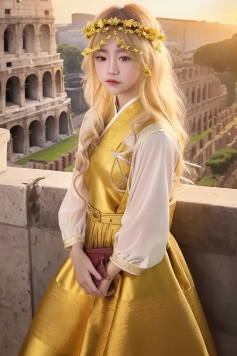 yuxiaoxiao,1girl,solo,looking at viewer,Rome Empire,antique architecture,(colosseum:1.2),(greek clothes:1.1),gold laurel wreath,curly hair,(blonde hair:1.2),cinematic view,(historical:1),scenic perspective,(best quality:1),(masterpiece:1),(hires, high reso...