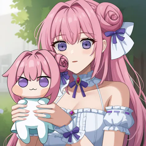 <lora:Doro_X_PDXL_V1:0.9> score_9, source_anime, woman holding a creature, doro, creature, :3, pink hair,  purple eyes, hair bun, hair bow, holding creature, multiple girls, bangs, white dress, ribbon, bare shoulders