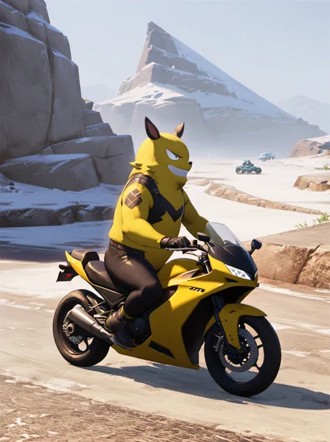 palworld-grizzbolt, pokemon,  <lora:palworld_grizzbolt_xl_v1-000019:0.85>, furry male, yellow skin, (pot belly:1.2), face an audience, lighting tatto, 
(riding motorcycle:1.5), solo, ground vehicle, motor vehicle, gloves, jacket, looking at viewer, (helmet...