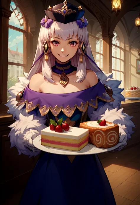 score_9, score_8_up, score_7_up, source_anime, solo, 1girl, lysitheabrave, smile, looking at viewer, holding plate of cake, hair ornament, hat, dress, fur trim, white gloves, indoors <lora:fireemblem_ordelia_ponyXL:1>