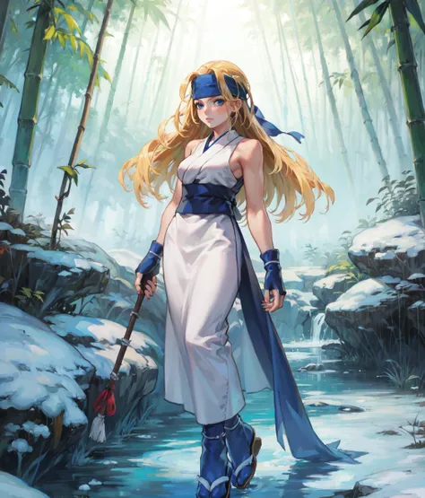 Masterpiece.  1girl, solo, woman, mature, blonde hair, long hair, white japanese clothes, bare arms, fingerless gloves, sandals, headband, blue eyes, fingerless gloves, full body, outdoors, bamboo forest, cowboy shot, snowing <lora:Yuki:1>, score_9, score_...