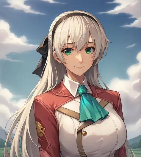 score_9, score_8_up, score_7_up, score_6_up, score_5_up, score_4_up, BREAK,
source_anime, rating_safe
<lora:TrailsFromZeroToAzure:0.9>, Elie MacDowell, green eyes, silver hair, platinum blonde hair, long hair, huge breasts, hairband,  red coat, white shirt...