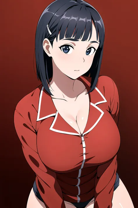 Simple red Background,
red jacket, long sleeves, collarbone, Deep_cleavage, opened_jacket, 
<lora:Kirigaya_Suguha_SAO-KK77-V1:0.7>,
black eyes, black hair,bangs,short hair,hair ornament, 
<lora:Oda_Non_Style-KK77-V2:0.3>,<lora:more_details:0.1>,
1 girl, 20...