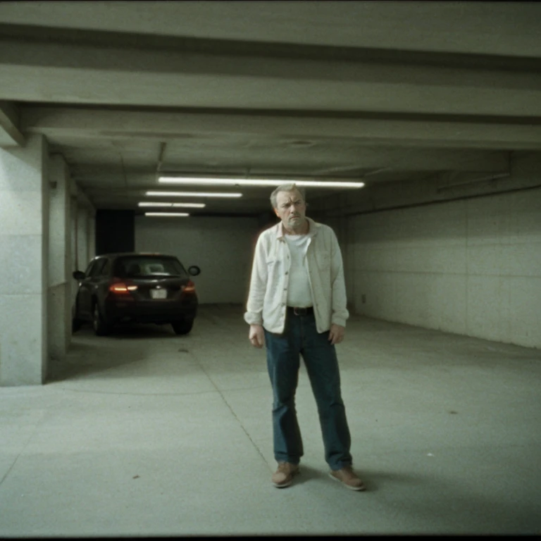 An angry man is waiting in a parking garage, white lights, <lora:Kodak-Super8:0.45>, cinestill, film, kodak, super8, super8-motionfilm, vintage, film grain