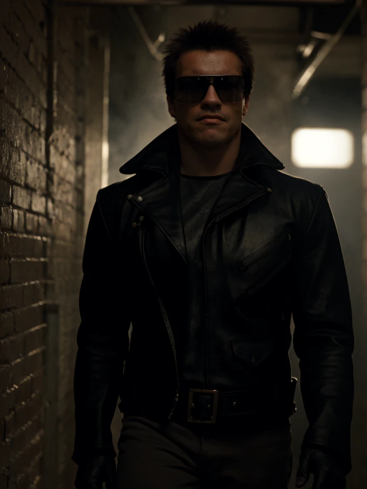 trm,2st hair,black leather jacket,sunglassess,(close-up),walking down an alley,cargo pants,volumetric lighting,masterpiece,fog,cinematic,add_detail