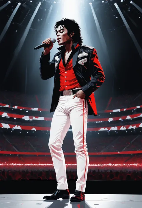 Michael Jackson singing at a standing microphone on a super-wide stage in a really big arena, by conrad roset, greg rutkowski, makoto shinkai, low poly, abstract, style of black and white drawing with red pops of color