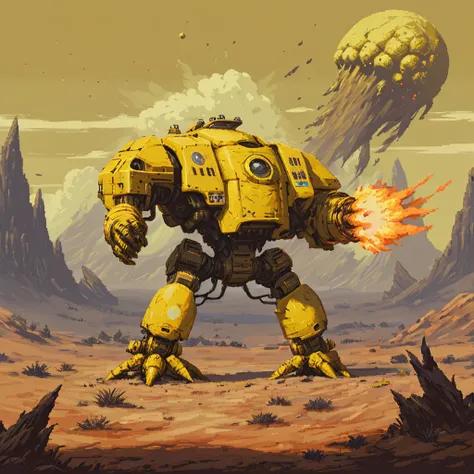 a four meter tall yellow drdnght machine with rocket launcher and flamethrower walks across an alien battlefield searching for enemies, rockets streak across the sky and explode into the landscape,