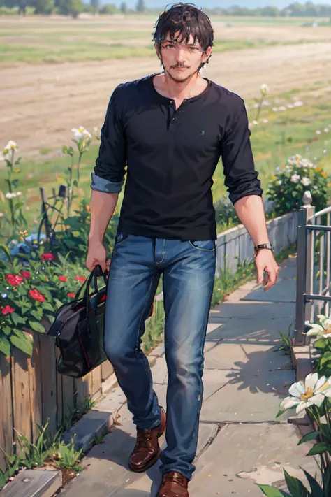 <lora:pedropascal:0.9> pedropascal, a man, Knit polo and slim-fit jeans, flowering field