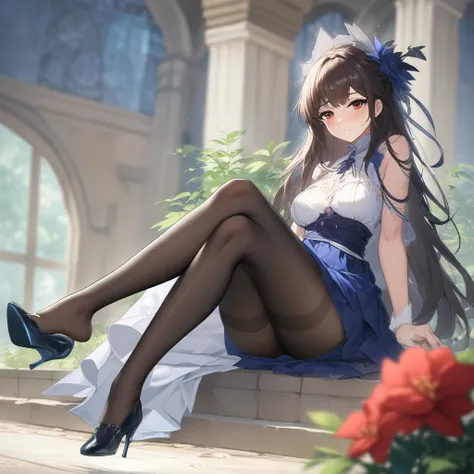 [high quality, best quality], (cinematic), 1girl, solo, sitting, dress, shoe dangle, black pantyhose, high heels, <lora:shoe_dangle_f:0.75>, <lora:SDXL_Lightning_8steps:1>, (bloom, hdr), (depth of field)