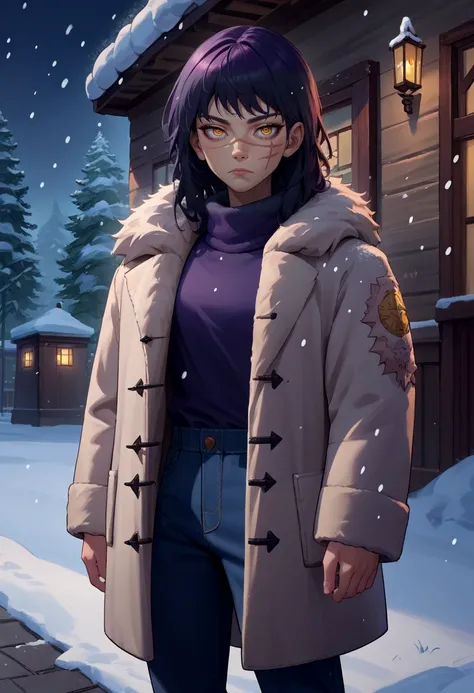 score_9, score_8_up, score_7_up, source_anime, solo, 1girl, csmyoru, scar on face, expressionless, looking at viewer, standing, yellow eyes, ringed eyes, winter clothes, fur-trimmed coat, pants, snowing, outdoors <lora:csm_yoru_ponyXL:1>