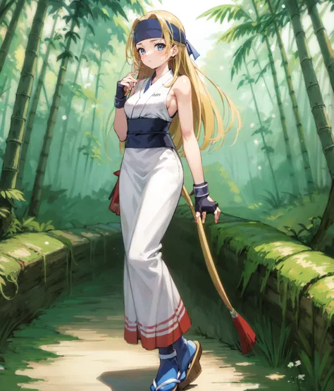 Masterpiece.  1girl, solo, woman, mature, blonde hair, long hair, white japanese clothes, bare arms, fingerless gloves, sandals, headband, blue eyes, fingerless gloves, full body, outdoors, bamboo forest, cowboy shot, snowing <lora:Yuki:1>, score_9, score_...