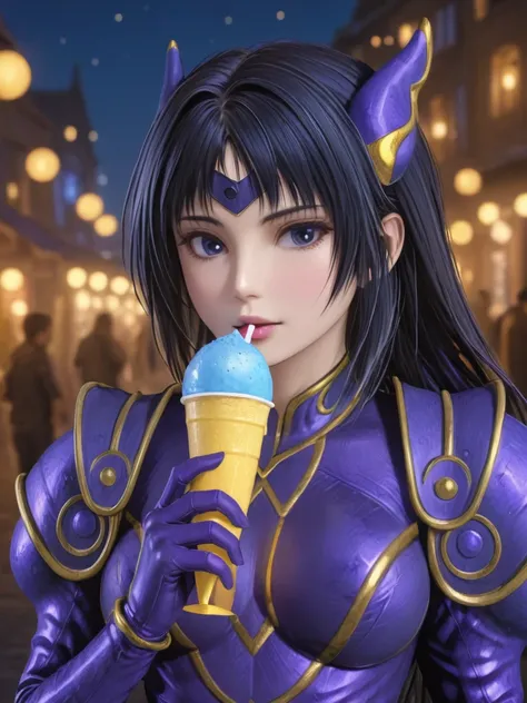 a cinematic shot of lodrose eating a snow cone, night, bokeh, blurry background,  purple and gold armor, [masterpiece, best quality, hyper detailed, ultra detailed, super realistic, uhd, 4k, 8k, 32k, 64K] <lora:SDXL - Char - LOD_Rose-11-01-128-128-15-10:1>