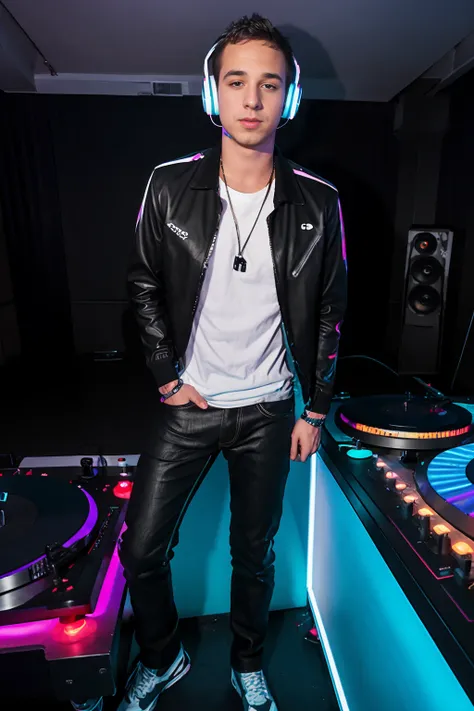 nightclub, neon lights, LukeDesmond is a disc jockey, standing next to (DJ controller, turntable), wearing white shirt, black jacket, black jeans, (DJ headphones), (((full body portrait))), wide angle  <lora:LukeDesmond:0.8>