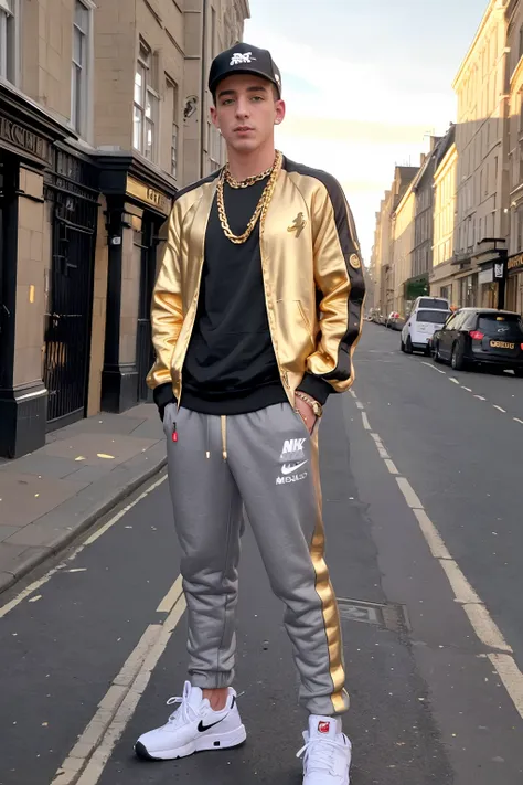 London Council house neighborhood, standing on street corner, cocky confident expression, LukeDesmond is a scally lad, wearing black long sleeve tracksuit jacket, (dark gray trackpants), baseball cap, ((gold chain necklace)), white socks, Nike Air sneakers...