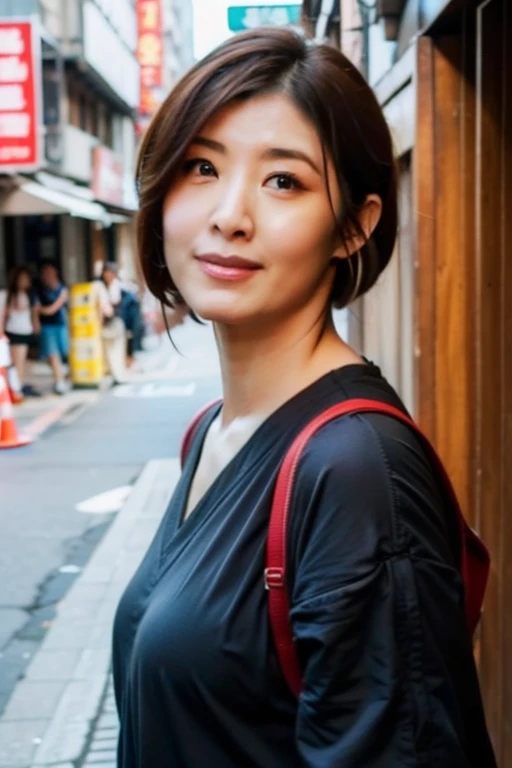 Best quality,masterpiece,ultra high res,photorealistic,japanese street alley,dynamic pose,face closeup,(cleavage:0.4),brown hair,looking_at_viewer,<lora:tarcy_su:0.9>,Taipei City,small breasts,short hair,