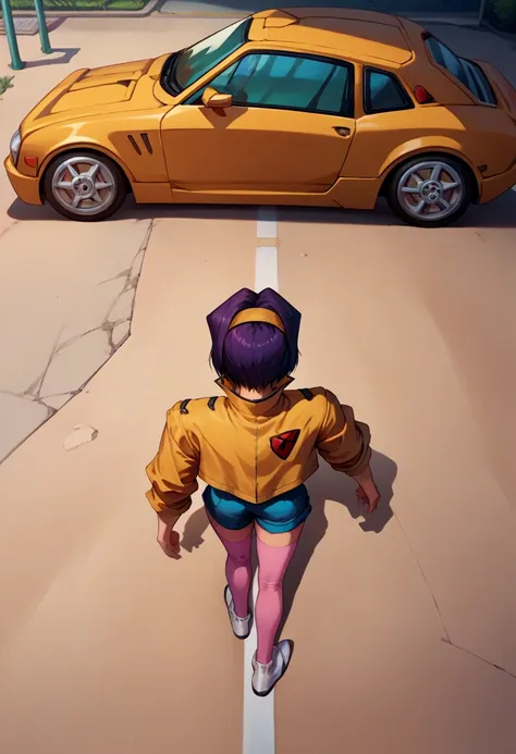 score_9, score_8_up, score_7_up, source_anime, akiraposter, from above, from behind, solo, 1girl, faye valentine, cowboy bebop, walking, hairband, yellow jacket, shorts, pink thighhighs, science fiction, ground vehicle, car <lora:concept_akiraposter_ponyXL...