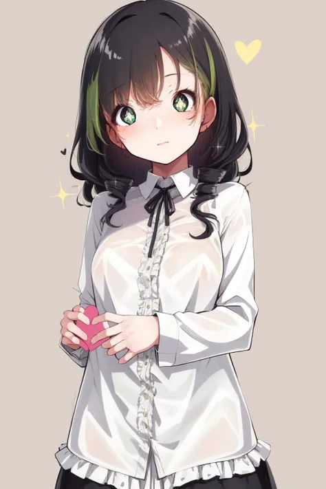 solo, 1girl, pupils sparkling, curly hair, black hair, light green eyes, beige frilled shirt, heart background, cowboy shot <lora:konnyaku_(kk-monmon)_style_v01:1>