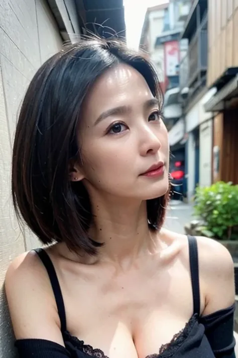 Best quality,masterpiece,ultra high res,(photorealistic:1.2),1girl,in the dark,deep shadow,low key,slim body,undone hair,off shoulder,japanese street alley,dynamic pose,face closeup,<lora:chuxuan:0.8>,medium breasts,cleavage,