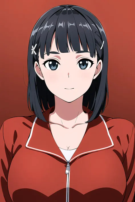 Simple red Background,
red jacket, long sleeves, collarbone, cleavage, 
<lora:Kirigaya_Suguha_SAO-KK77-V1:0.7>,
black eyes, black hair,bangs,short hair,hair ornament, 
<lora:Oda_Non_Style-KK77-V2:0.3>,<lora:more_details:0.1>,
1 girl, 20yo,Young female,Beau...