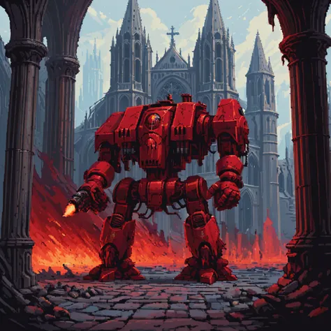 a four meter tall red drdnght machine with heavy gun and rocket pod walks through a gothic cathedral searching for enemies who hide behind pillars and columns waiting in ambush, fire and flames spit from its flamethrower,