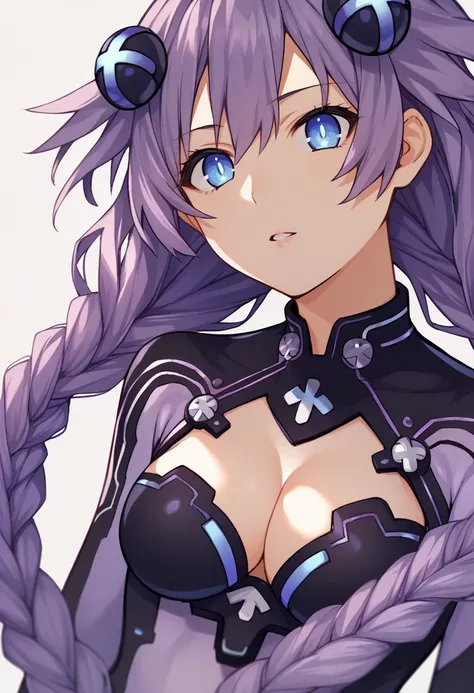 score_9, score_8_up, score_7_up, source_anime BREAK 1girl, solo, <lora:purpleheart-hdn-richy-v1_pdxl:1>prplhrtdef, purple hair, twin braids, hair ornament, cleavage cutout, close-up, looking at viewer, parted lips