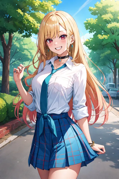 masterpiece, best quality, highres, kitagawa marin, 1girl, blonde hair, long hair, multicolored hair, red eyes, jewelry, earrings, piercing, school uniform, white shirt, tied shirt, black choker, blue necktie, plaid skirt, <lora:kitagawa_marin_v1-1:0.7>, g...