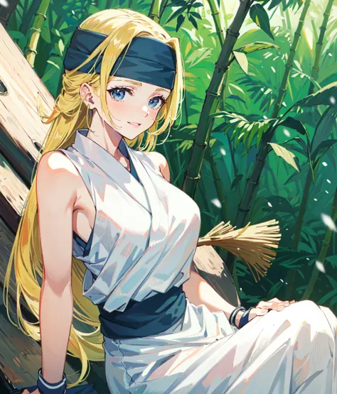 Masterpiece.  1girl, solo, woman, mature, blonde hair, long hair, white japanese clothes, bare arms, fingerless gloves, sandals, headband, blue eyes, fingerless gloves, upper body, outdoors, sitting, close-up, smile,bamboo forest, cowboy shot, snowing <lor...