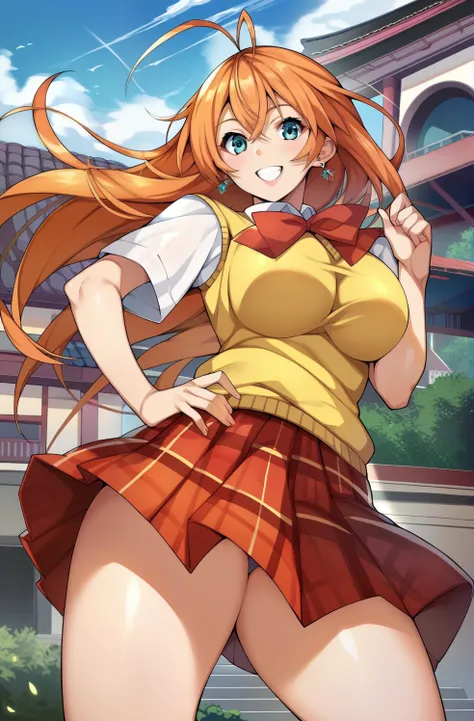 score_4, score_5, score_6, score_9, score_8_up, score_7_up, source_anime, hakufusdxl, long hair, antenna hair, ahoge, orange hair, aqua eyes,large breasts, magatama earrings, school uniform, red skirt, pleated skirt, plaid skirt large breasts, sweater vest...