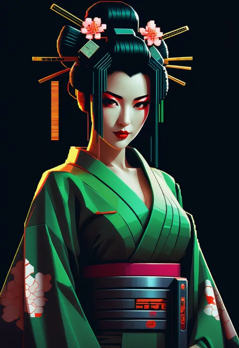 beautiful charming geisha in cyberpunk style, 8bit pixel art with greenish feeling