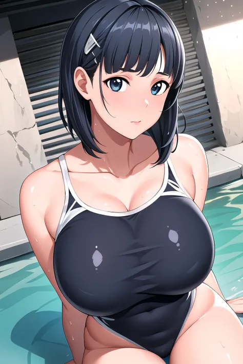 School, Pool, Water, sky,
Blue competition swimsuit, one-piece swimsuit, 
<lora:Kirigaya_Suguha_SAO-KK77-V1:0.7>,
black eyes, black hair,bangs,short hair,hair ornament, 
<lora:Oda_Non_Style-KK77-V2:0.3>,<lora:more_details:0.1>,
1 girl, 20yo,Young female,Be...