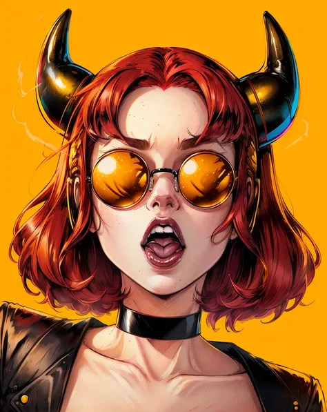 by Bruno Ferreira, a woman with red hair and yellow glasses with horns on her head, wearing a black choker, open mouth <lora:pop_art_dataset-11:.6>