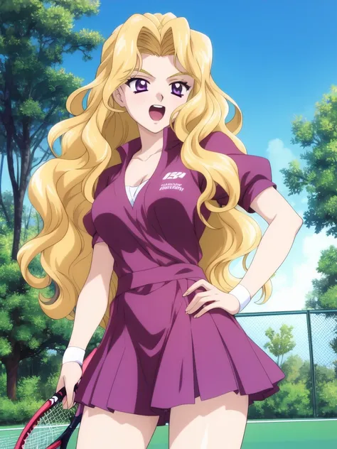 <lora:Shindou_Reiko:0.9>ShindouReiko, 1girl, soro, blonde_hair, long_hair,  purple_eyes,  wavy_hair, cowboy
plays tennis,laugh,thighs,
masterpiece, high quality, very_high_resolution, large_filesize, full color, animation, anime style,