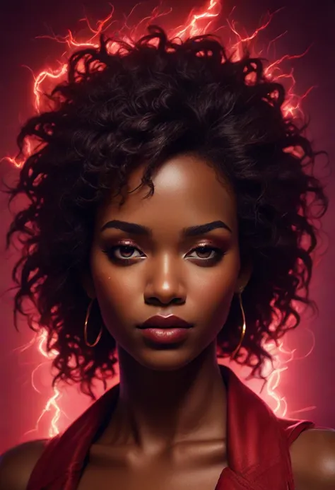 (the word "LIGHTNING" written on the top:1.4), monocolor profile portrait of a beautiful african woman, coral key light, crimson back light, burgundy red fill light, glamour, high fashion magazine cover