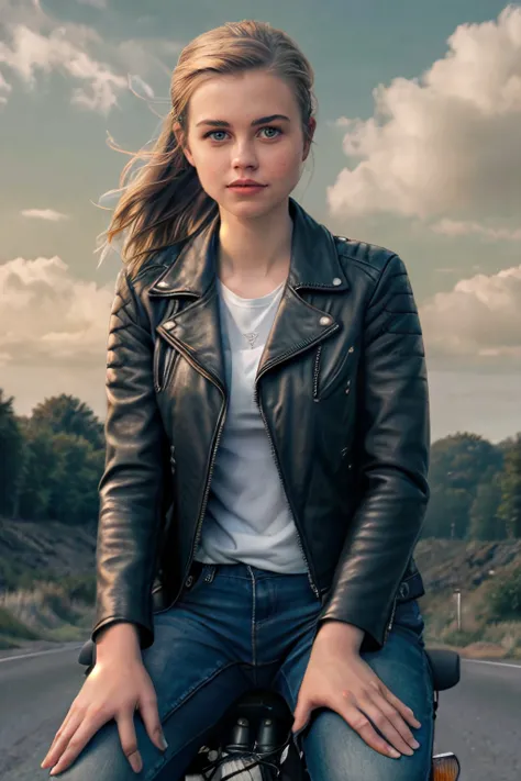 4ng0ur13r, 1 girl wearing a leather jacket sitting on a bike, long road behind, evening sky, clouds, haze