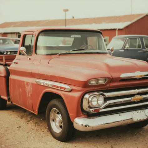 polaroid film photography, faded film, soft focus, 1959 Chevrolet Apache truck, red