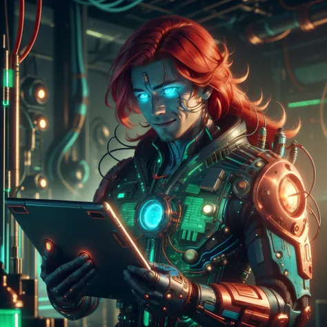 <lora:CircuitryTech-20:0.8>, circuitrytech ,scifi, cables, cmos circuitry, copper ,
scholar , scroll, 1boy, man, long hair, (red hair,:1.3) glowing eyes, smile ,closed mouth, multicolored hair, holding a tablet, in a lab, hair flowing over, standing,