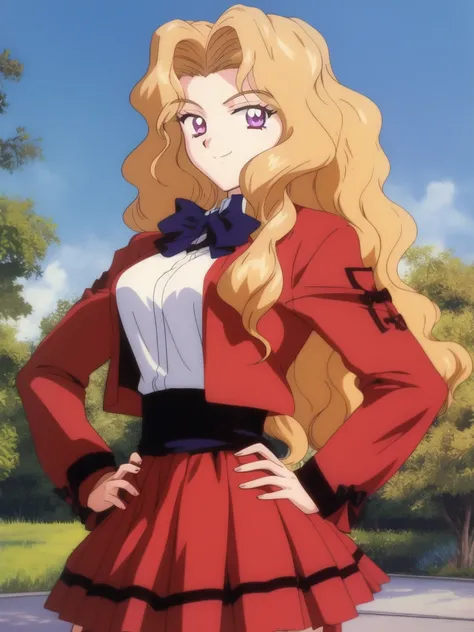 <lora:Shindou_Reiko:0.9>,ShindouReiko, 1girl, solo, long hair, skirt, red_school uniform, sky, outdoor, hand on hip, long sleeves, wavy hair, blonde hair, purple eyes, smile, 1990s (style), looking at viewer, red_jacket, cowboy shot, brown hair, bow, retro...