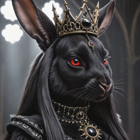 Detailed  closeup photo of an black rabbit  queen wearing gothic clothes, detailed eyes, epic light