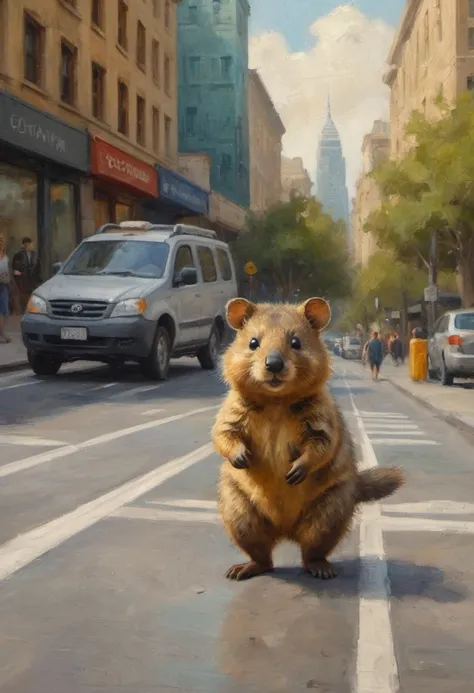 oil painting an adorable quokka taking a walk in a big city