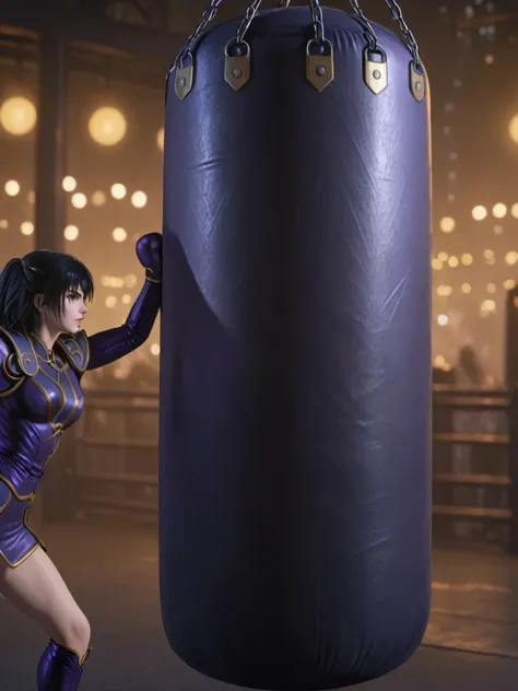 a cinematic shot of lodrose punching an oversized punching-bag, night, bokeh, blurry background,  purple and gold armor, [masterpiece, best quality, hyper detailed, ultra detailed, super realistic, uhd, 4k, 8k, 32k, 64K] <lora:SDXL - Char - LOD_Rose-11-01-...