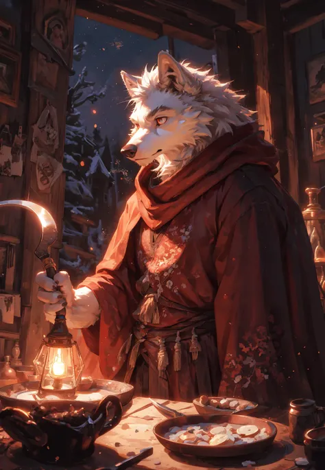 Masterpieces,official art,furry,male,Anthropomorphic white wolf,Delicate face,Delicate eyes,Red cloak,Kerosene lamp,sickle, holding sickle, depth of field, perfect lighting, light particles,(best quality),(masterpiece),(ultra detailed),sharp focus,light pa...