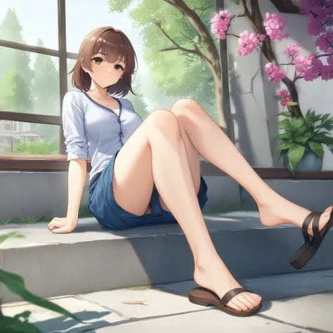 [high quality, best quality], (cinematic), 1girl, solo, sitting, casual, shoe dangle, no socks, sandals, <lora:shoe_dangle_f:0.75>, <lora:SDXL_Lightning_8steps:1>, (bloom, hdr), (depth of field)