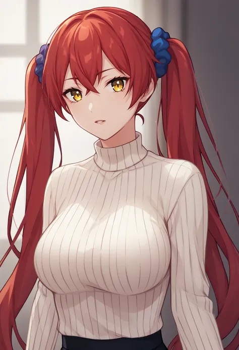 score_9, score_8_up, score_7_up, source_anime BREAK 1girl, solo, red hair, twintails, very long hair, hair scrunchie, yellow eyes, looking at viewer, parted lips, ribbed sweater, turtleneck sweater, white sweater <lora:pochimaru-artist-richy-v1_pdxl:1> lar...