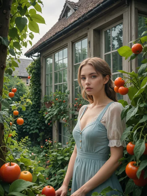 a lush little vintage cottage with garden squeezed inbetween two modern cold glass skyscrapers, fruits and vegetables, beautiful woman in the background, extremely detailed, 8k, 35mm photograph, amazing natural lighting, brilliant composition