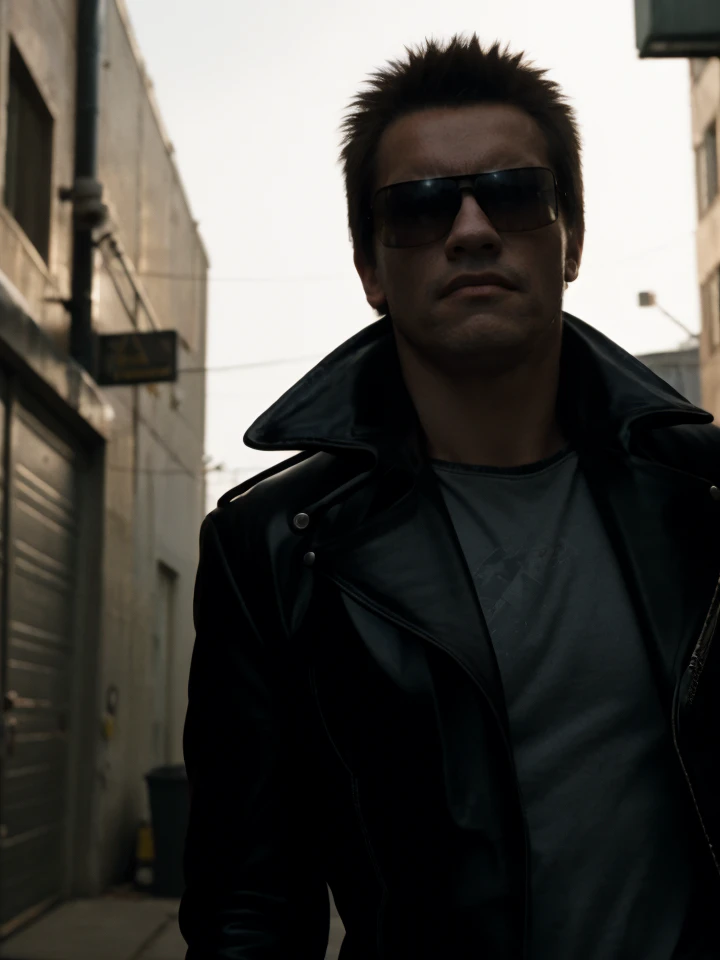 trm,2st hair,black leather jacket,sunglassess,(close-up),walking in a alley,cargo pants,volumetric lighting,masterpiece,fog,cinematic,add_detail