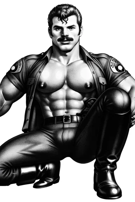 <lora:TomFin:0.8> t0f, pencil drawing of a man, stache, cop uniform shirt, open shirt, riding breeches, knee high riding boots, simple background, good quality, high contrast, monochrome